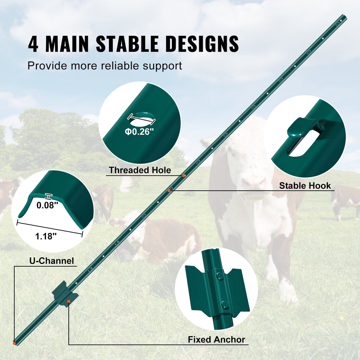 6 Feet Fence Post, 6 Pack U-Channel Heavy Duty Metal Fence Posts, Sturdy Steel Fence Stakes for Garden Yard, Lawn, Farms and Outdoor Wire Fencing, Green