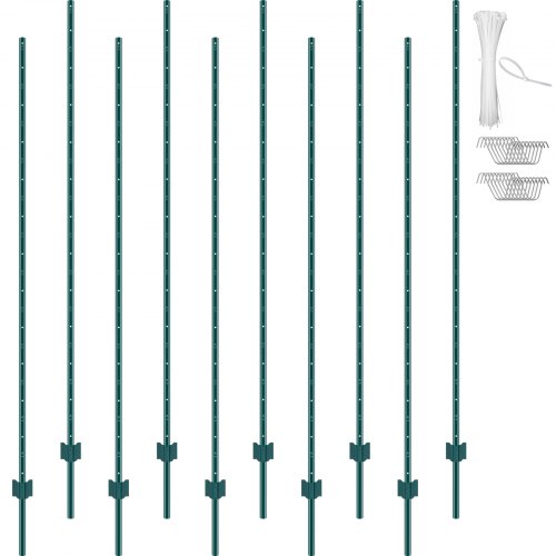 2,1 meter långa staketstolpar, 10-pack U-kanaliga kraftiga metallstaketstolpar, robusta stålstaketpinnar för trädgård, gräsmatta, gårdar och utomhustrådsstängsel, grön