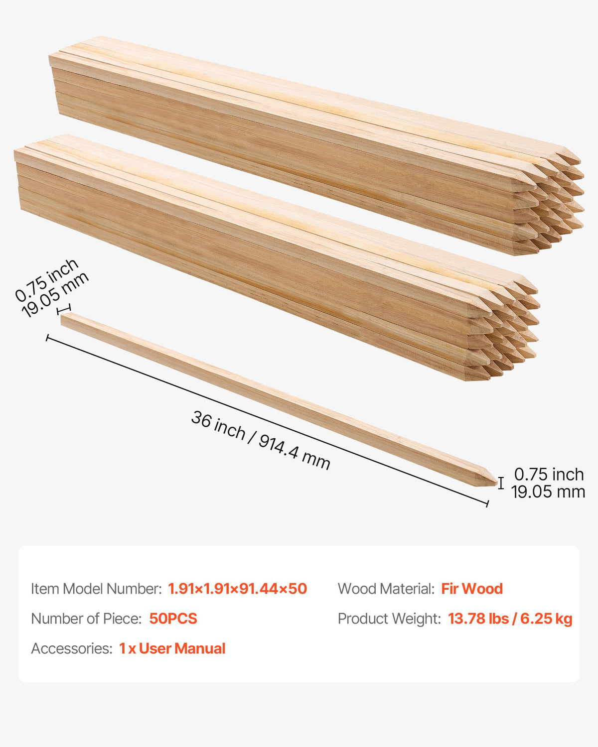 Trädgårdsstöttor i trä, 50 st 19,05×19,05×914,4 mm, nivåstöttor för lantmäteri, markstöttor för trädgårdsväxter med vass spets, skyltstolpar för gårdsgränser och baslinjer