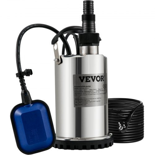 Dränkbar vattenpump, 550W 9500L/h, med 10 m sladd och automatisk flottörbrytare, bärbar i rostfritt stål för rena, tömma översvämmade områden, simbassänger, bubbelbad, för bevattning