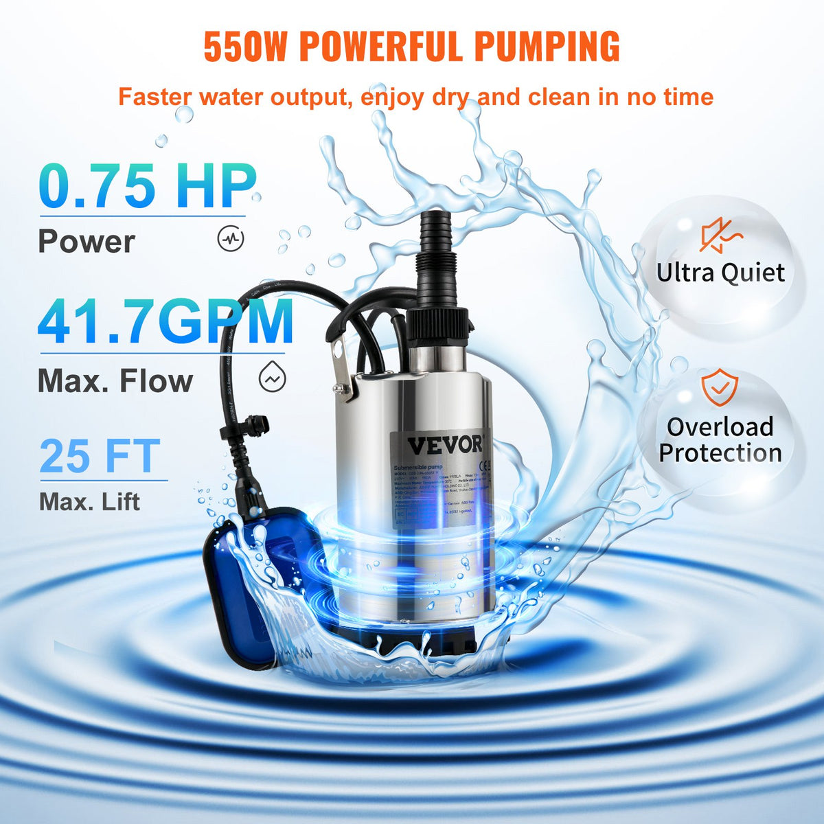 Dränkbar vattenpump, 550W 9500L/h, med 10 m sladd och automatisk flottörbrytare, bärbar i rostfritt stål för rena, tömma översvämmade områden, simbassänger, bubbelbad, för bevattning