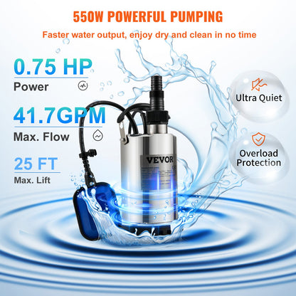 Dränkbar vattenpump, 550W 9500L/h, med 10 m sladd och automatisk flottörbrytare, bärbar i rostfritt stål för rena, tömma översvämmade områden, simbassänger, bubbelbad, för bevattning