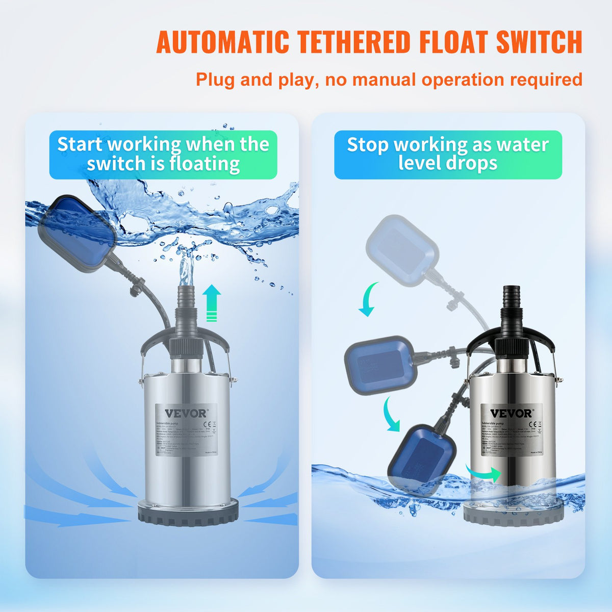 Dränkbar vattenpump, 550W 9500L/h, med 10 m sladd och automatisk flottörbrytare, bärbar i rostfritt stål för rena, tömma översvämmade områden, simbassänger, bubbelbad, för bevattning