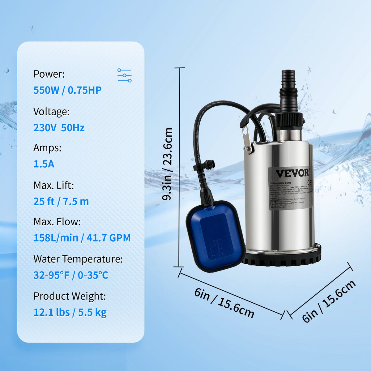 Dränkbar vattenpump, 550W 9500L/h, med 10 m sladd och automatisk flottörbrytare, bärbar i rostfritt stål för rena, tömma översvämmade områden, simbassänger, bubbelbad, för bevattning