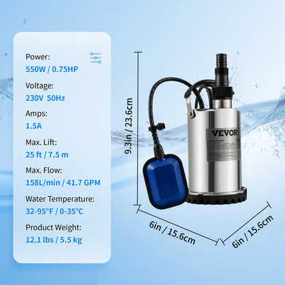 Dränkbar vattenpump, 550W 9500L/h, med 10 m sladd och automatisk flottörbrytare, bärbar i rostfritt stål för rena, tömma översvämmade områden, simbassänger, bubbelbad, för bevattning