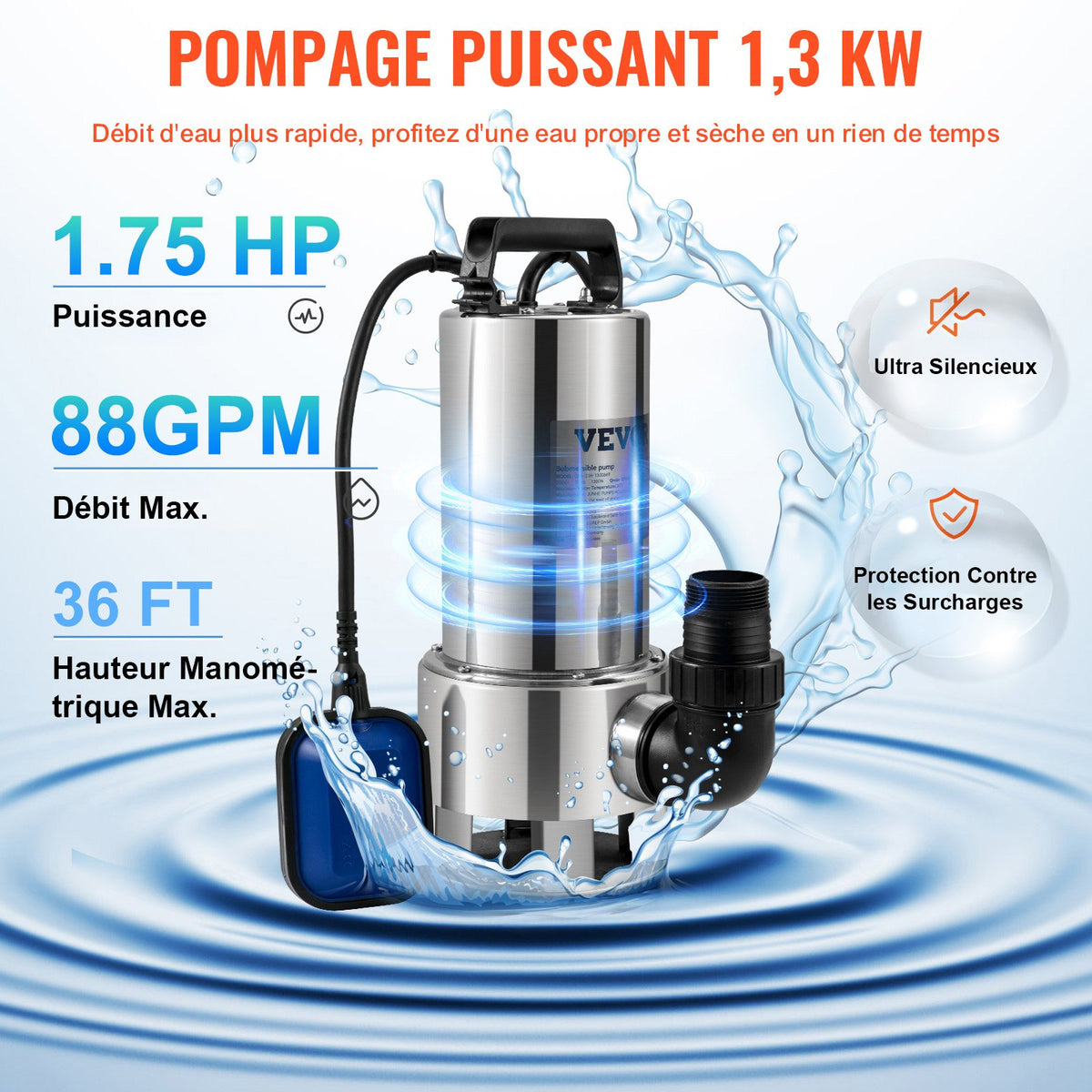 Dränkbar vattenpump, 1300W 20000L/h, med 10 m sladd och automatisk flottörbrytare, rostfritt stål och gjutjärn för smutsiga eller rena, tomma trädgårdsdammar, simbassänger, bubbelpooler