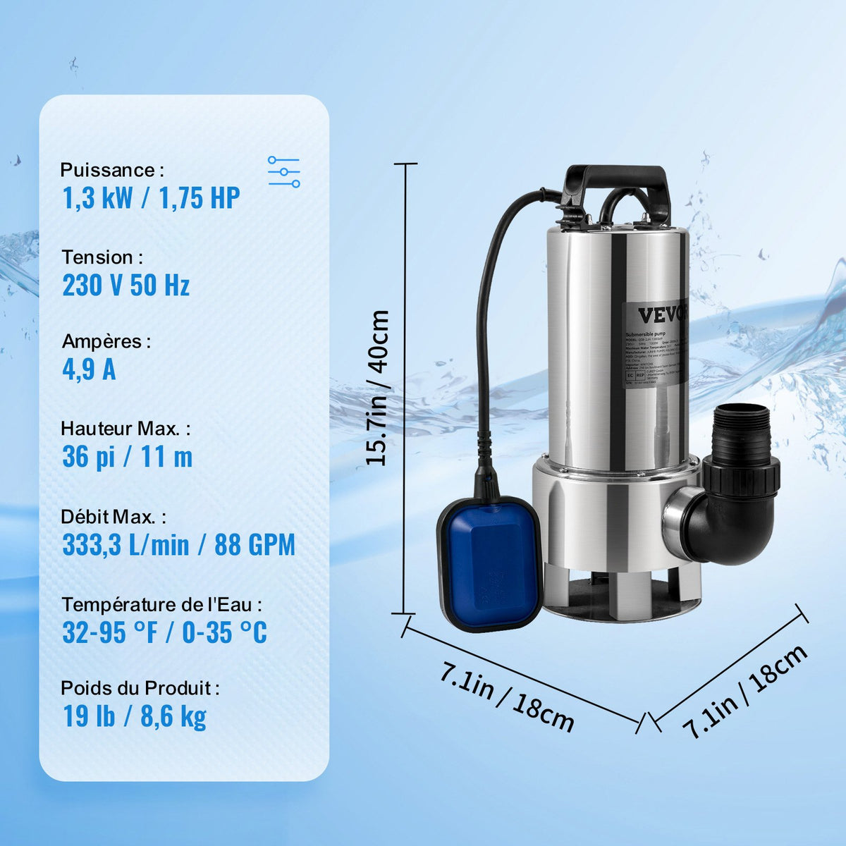 Dränkbar vattenpump, 1300W 20000L/h, med 10 m sladd och automatisk flottörbrytare, rostfritt stål och gjutjärn för smutsiga eller rena, tomma trädgårdsdammar, simbassänger, bubbelpooler