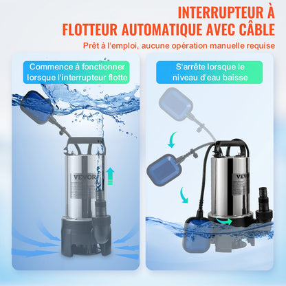 Dränkbar vattenpump, 1100W 20000L/h, med 10 m sladd och automatisk flottörbrytare, bärbar rostfri stålpump för smutsiga eller rena avlopp, översvämningar i avlopp, tömning av trädgårdsdammar, simbassänger, bubbelpool
