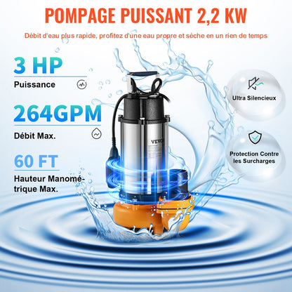 Dränkbar vattenpump, 2200W 60000L/h, med 10 m sladd och automatisk flottörbrytare, bärbar rostfri stålpump för smutsiga eller rena avlopp, översvämningar i avlopp, tömning av trädgårdsdammar, simbassänger, bubbelpool
