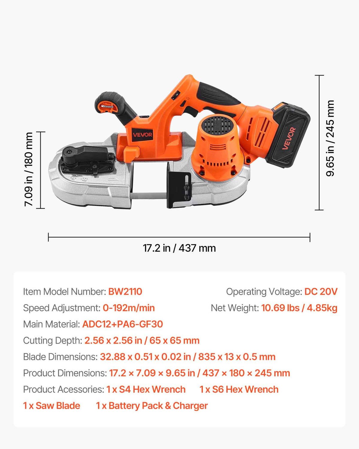 20V bärbart bandsågssats, 65 x 65 mm sågdjup, AC 220V, 360W bandsåg med borstlös motor, 4,0 Ah batteri, sladdlös och kompakt bärbar bandsåg, 0–192 m/min variabel hastighet, för sågning av metall och trä