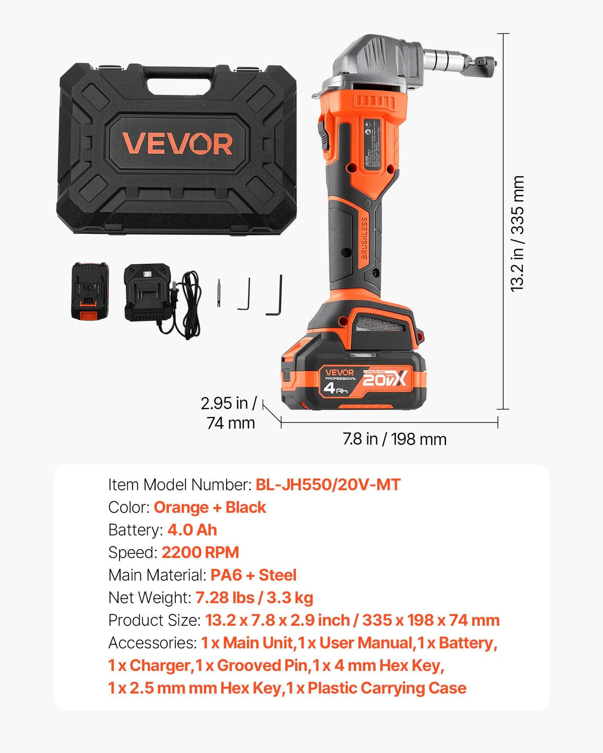 Cordless Metal Nibbler, with 20 V 4000 mAh Battery, 2200 RPM Efficient Brushless Motor, Electric Nibbler Metal Cutter with Plastic Carrying Case for Cutting Steel Sheet and Aluminum Sheet