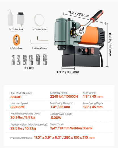 Lågprofilmagnetisk borrpress, 1300 W, 35 mm borrdiameter, 10000N kraftfull bärbar magnetborrpress, 650 varv/min hastighet, med Weldon-skaft, för metallytor, industri och heminredning