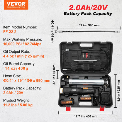 Sladdlös fettspruta, 20 volt, 10 000 PSI, 39" lång slang, elektrisk fettspruta, professionell högtrycks-batteridriven fettspruta med bärväska, batteri och laddare ingår, svart