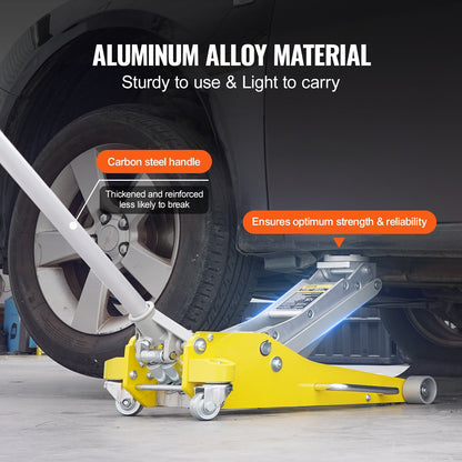 Low Profile Floor Jack 3 Ton (6600 lbs), Heavy Duty Aluminum Hydraulic Racing Floor Jack, Hydraulic Car Jack, Dual Piston Quick Lift Pump, 3.7"-18.3" Height Lifting Range (Yellow)