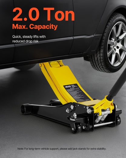 Low Profile Floor Jack, Max 2 Ton Capacity, Steel Racing Floor Jack with Dual Pistons Quick Lift Pump, Heavy-Duty Hydraulic Trolley Car Lift for Sports Cars and Sedans, Lifting Range 75-505 mm