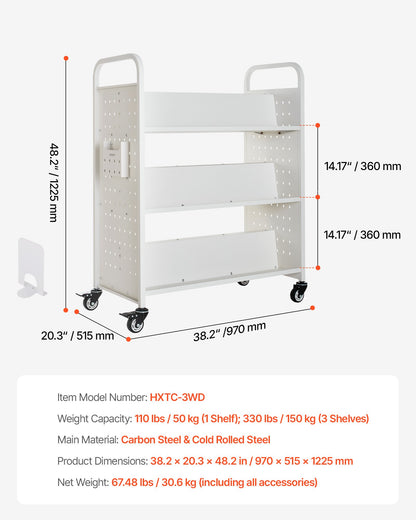 Rullande biblioteksbokvagn, 150 kg kapacitet, 97 x 51,5 x 122,5 cm biblioteksvagn, dubbelsidiga W-formade hyllor med 76,2 mm låsbara hjul, bokvagn för hemhyllor, kontor och skola, vit