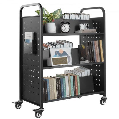 Rullande biblioteksbokvagn, 150 kg kapacitet, 97 x 51,5 x 122,5 cm biblioteksvagn, dubbelsidiga W-formade hyllor med 76,2 mm låsbara hjul, bokvagn för hemhyllor, kontor och skola, svart