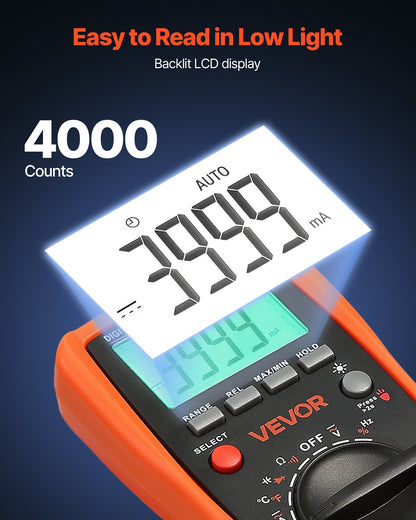 Digital multimeter, 4000-siffriga TRMS DC/AC voltmeter strömtester, multimeter med automatiskt område för ström, spänning, resistans, kapacitans, temperatur, dioder, kontinuitet, arbetscykelmätningar