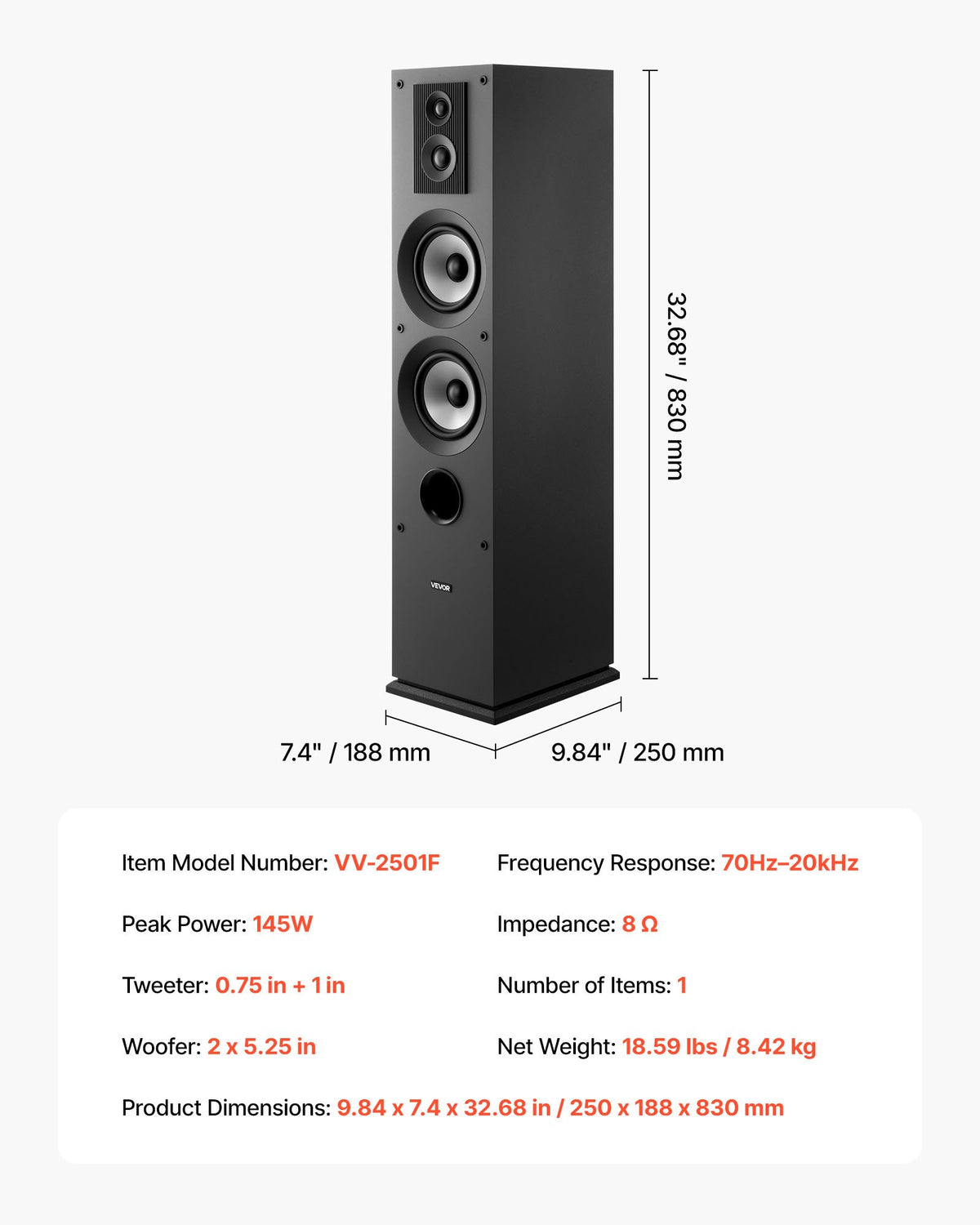 Passive Floorstanding Speaker, 3-Way, Floor-Standing Tower Speaker with 19.05 mm&25.4 mm Tweeter, Dual 133.35 mm Woofers, 145W Peak, 70Hz–20kHz Frequency Response, MDF Enclosure, for Home Audio, Single