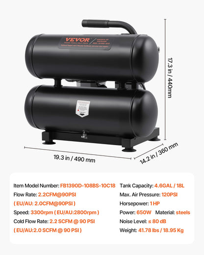 Luftkompressor, 4,6 gallon ståltank, 1 hk 2,0 CFM vid 90 PSI oljefri luftkompressor och max. 120 PSI tryck, 80 dB ultratyst bärbar kompressor, för bilreparationer, däckpåfyllning, sprutmålning