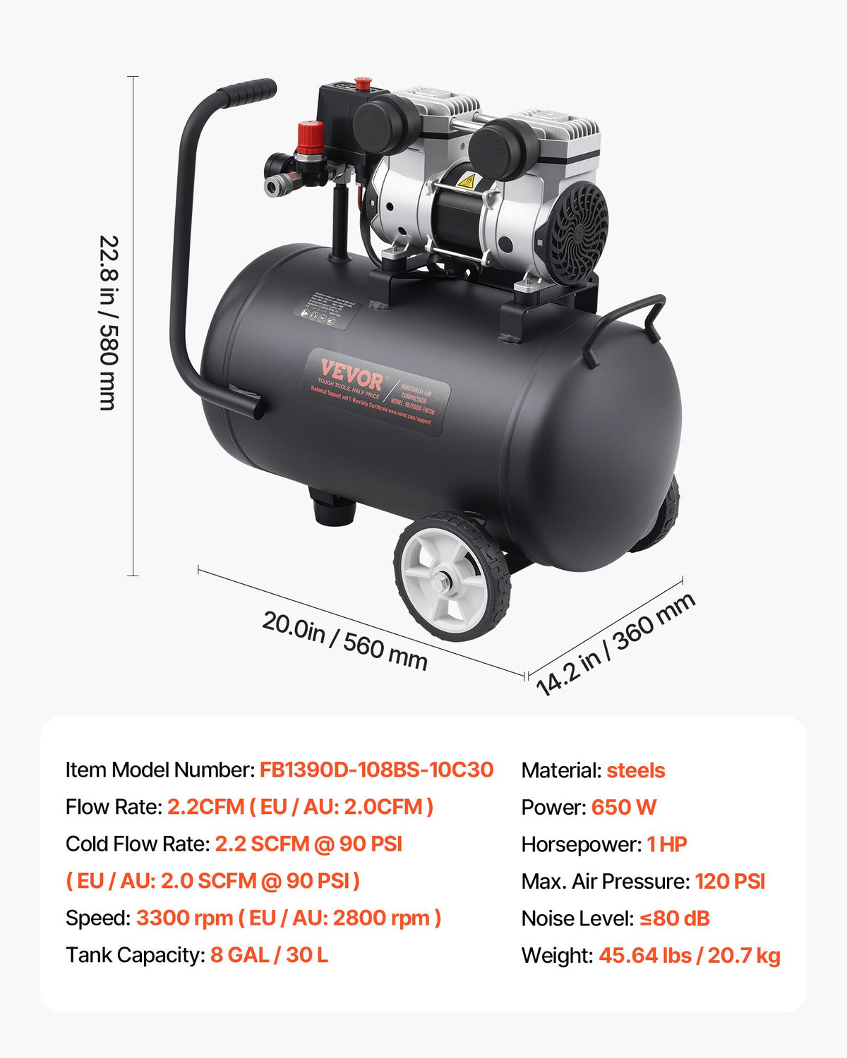 Luftkompressor, 8 gallon ståltank, 1 hk 2,2 CFM vid 90 PSI oljefri luftkompressor och max. 120 PSI tryck, 80 dB ultratyst bärbar kompressor, för bilreparationer, däckpåfyllning, sprutmålning