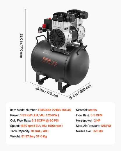 Luftkompressor, 10 gallon ståltank, 2 hk 5,3 CFM vid 90 PSI oljefri luftkompressor och max. 125 PSI tryck, 78 dB ultratyst bärbar kompressor, för bilreparationer, däckpåfyllning, sprutmålning