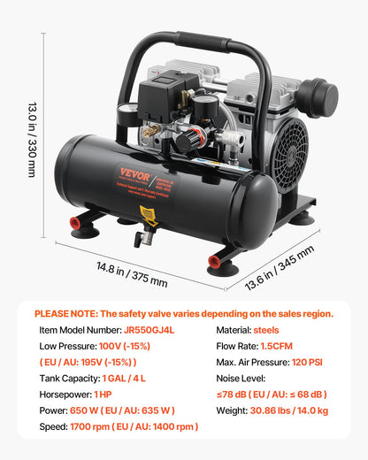 Luftkompressor, 1 gallon ståltank, 1 hk 1,5 CFM 7 bar oljefri luftkompressor och max. 120 PSI tryck, 68 dB ultratyst bärbar kompressor, för bilreparationer, däckpåfyllning, sprutmålning