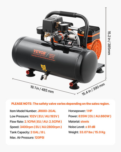 Luftkompressor, 7,5 liters ståltank, 1 hk 2,5 CFM 8 bar oljefri luftkompressor och max. 120 PSI tryck, 81 dB ultratyst bärbar kompressor, för bilreparationer, däckpåfyllning, sprutmålning