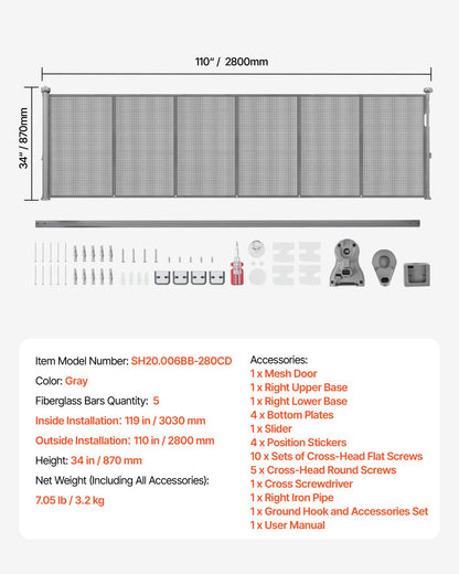 Infällbar barngrind, 870 mm hög, kan förlängas upp till 2800 mm bred, infällbar grind för barn eller husdjur, nätmaterial, enkel att installera för inomhustrappor, dörröppningar, hallar, lekrum, grå