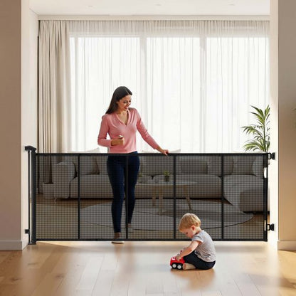 Infällbar hundgrind, förlängs till 3100 mm extra bred, 795 mm hög, med förstärkta glasfiberremsor, förhindrar att man kryper igenom, nätgrind för hundar, altaner, dörröppningar, garage, inomhus, svart