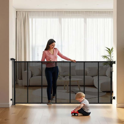 Infällbar hundgrind, förlängs till 3050 mm extra bred, 980 mm hög, med förstärkta glasfiberremsor, förhindrar att man kryper igenom, nätgrind för hundar i trägolv, dörröppningar, garage, inomhus, svart