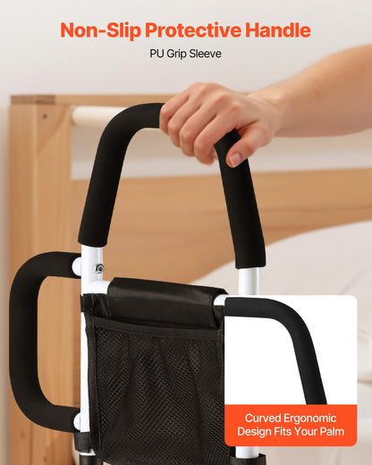 Sänggrind för äldre, sängstöd med sidohandtag och PU-ledstång, justerbar höjd vid sängkant av kolstålsrör, sängstänger för seniorer och patienter, passar king size-säng, queen size-säng, dubbelsäng och twin-säng