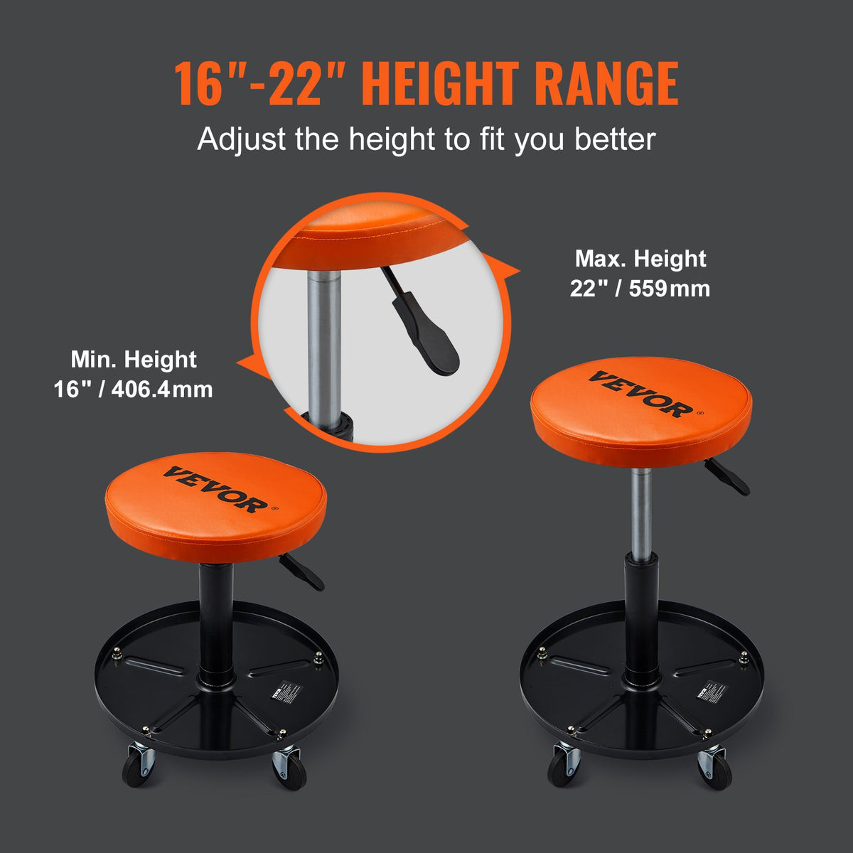 Mekanikerpall, 113 kg rullande pneumatisk krypstol för garage/verkstad, justerbar höjd 56 cm-71 cm vadderad rullande verkstadspall med verktygslåda, för garage, verkstad, bilreparationer, svart+orange