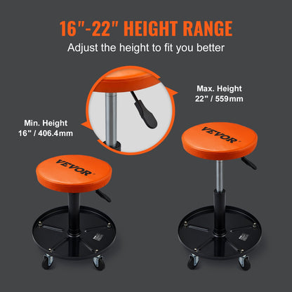 Mekanikerpall, 113 kg rullande pneumatisk krypstol för garage/verkstad, justerbar höjd 56 cm-71 cm vadderad rullande verkstadspall med verktygslåda, för garage, verkstad, bilreparationer, svart+orange