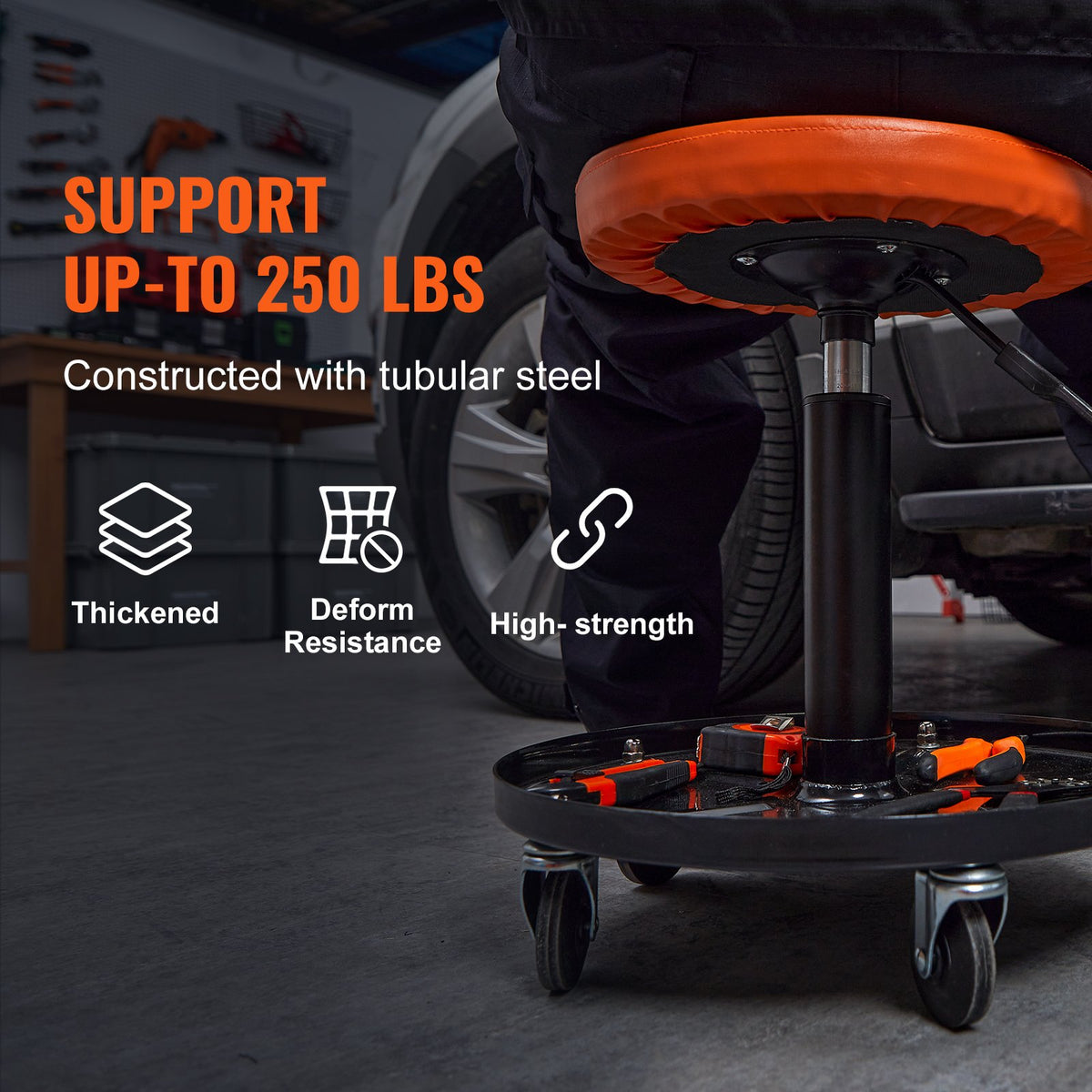 Mekanikerpall, 113 kg rullande pneumatisk krypstol för garage/verkstad, justerbar höjd 56 cm-71 cm vadderad rullande verkstadspall med verktygslåda, för garage, verkstad, bilreparationer, svart+orange