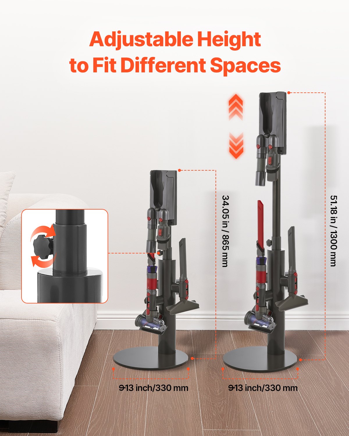 Dammsugningsställ, kompatibelt med Dyson V7 V8 V10 V11 V12 V15 SV10 SV12 SV14 SV18 SV21 upprättstående dammsugare och tillbehör, stabilt dammsugningsställ med 3 klämmor och justerbar höjd