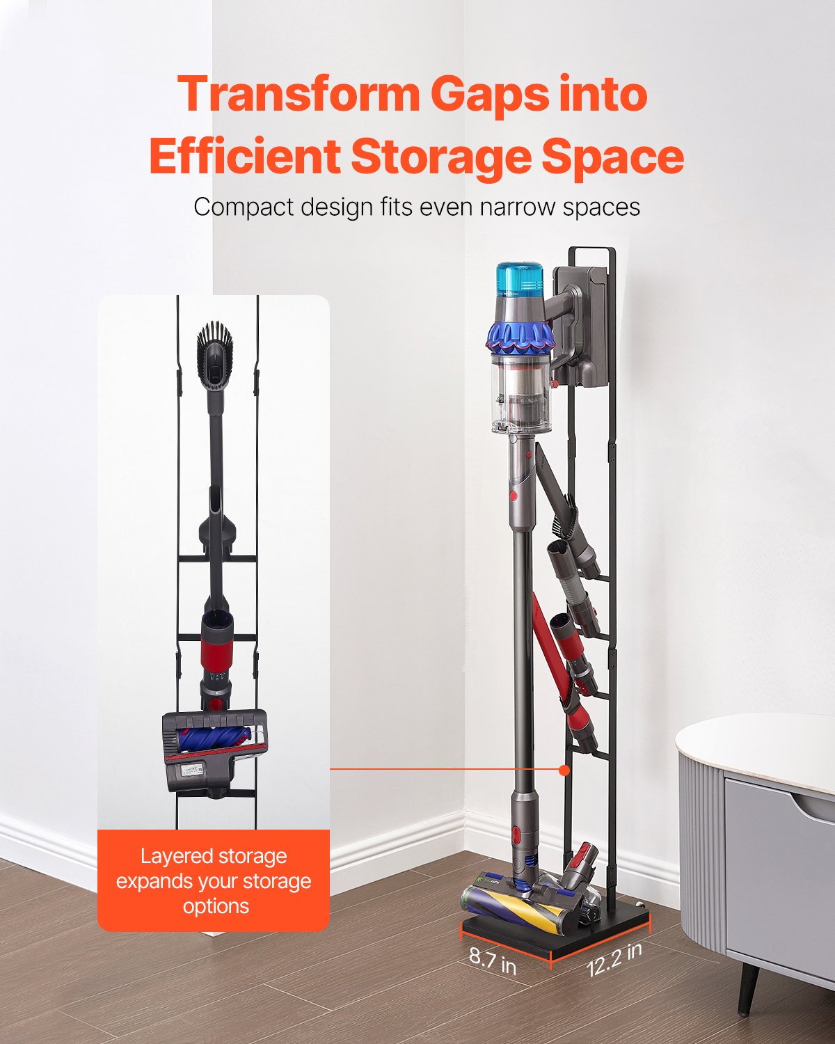 Dammsugningsställ, kompatibelt med Dyson V6 V7 V8 V10 V11 V15, stabilt dammsugningsställ med hjul för Dyson DC30 DC31 DC34 DC35 DC58 DC59 DC62 D74 sladdlösa upprätta dammsugare och tillbehör