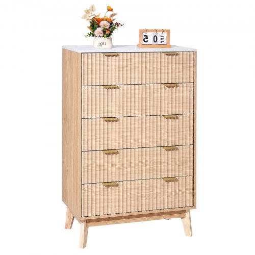 Byrå med 5 räfflade lådor, träbyrå med utdragbar låda och tippskydd, modern minimalistisk byrå, garderobsorganisatör för vardagsrum, hall, sovrum, entré, ljust trä