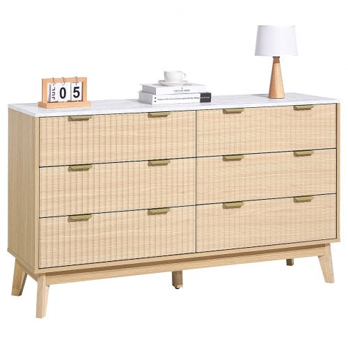 Byrå med 6 räfflade lådor, träbyrå med utdragbar låda och tippskydd, modern minimalistisk byrå, räfflad garderobsförvaring för vardagsrum, hall, sovrum, entré, ljust trä