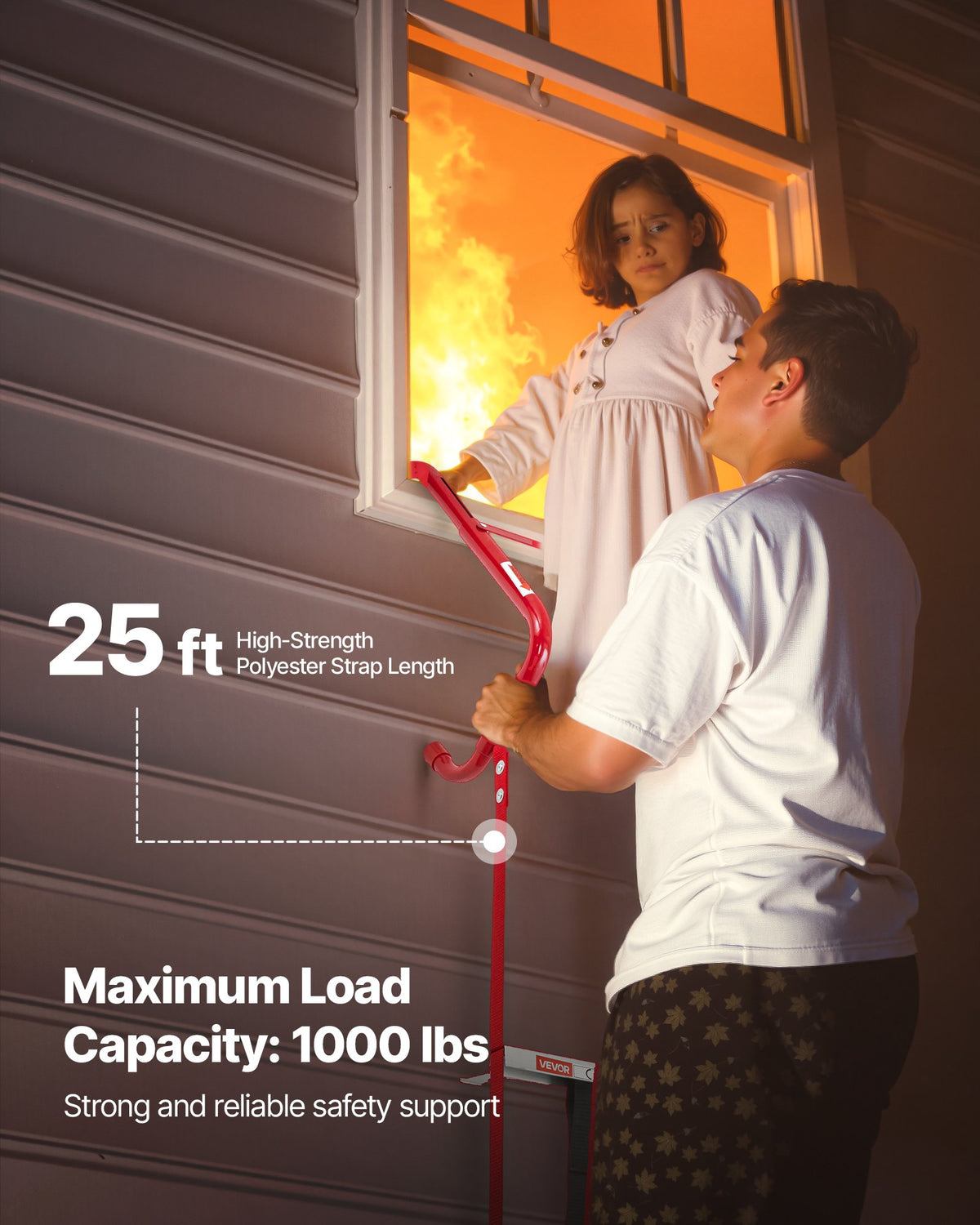 Brandstege, 3 våningar, 7,62 m utdragbar brandstege, lättviktig säkerhetsstege i aluminiumlegering med robust polyesterrem, halkfri stegpinne och breda steg, maxlast 453 kg