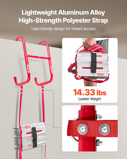 Brandstege, 3 våningar, 7,62 m utdragbar brandstege, lättviktig säkerhetsstege i aluminiumlegering med robust polyesterrem, halkfri stegpinne och breda steg, maxlast 453 kg