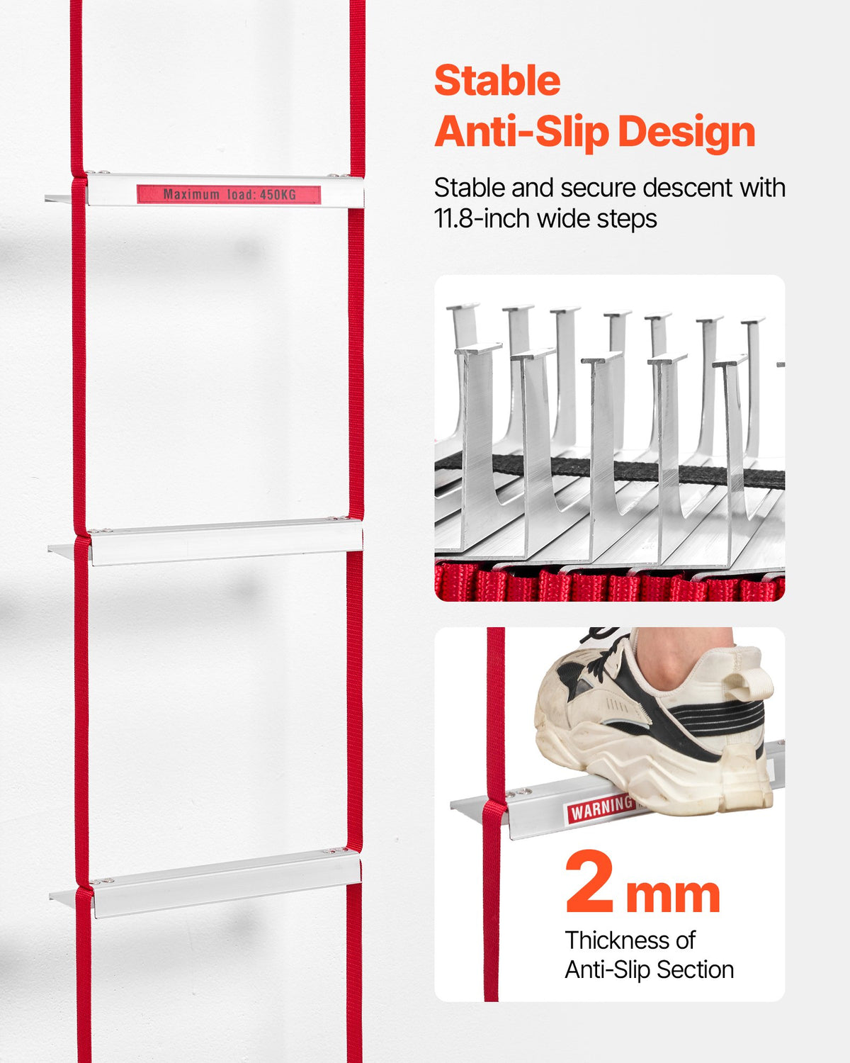 Brandstege, 3 våningar, 7,62 m utdragbar brandstege, lättviktig säkerhetsstege i aluminiumlegering med robust polyesterrem, halkfri stegpinne och breda steg, maxlast 453 kg