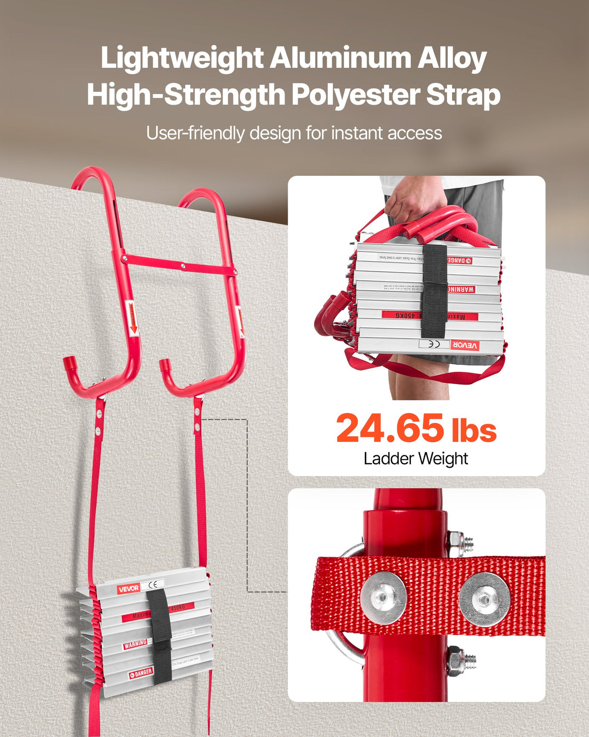 Fire Escape Ladder, 5-6 Story 15.24m Retractable Emergency Fire Ladder, Lightweight Aluminum Alloy Safety Escape Ladders with Sturdy Polyester Strap, Anti-Slip & Wide Rungs, 453KG Max Loading