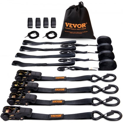Spärrband (4-pack), max brottstyrka 900 kg, inkluderar 4 premium 2,5 cm x 4,5 m spärrband med vadderade handtag, för förflyttning av last, apparater, trädgårdsutrustning, motorcykel