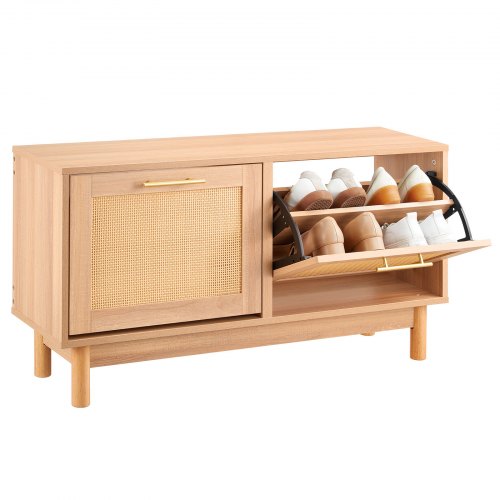 Entryway Shoe Bench, 1000 x 300 x 530 mm Rattan-Like Shoes Bench with 2 Flip Drawers, 300lbs Shoe Storage Rack with 4 Compartments and 2 Rattan Doors, for Hallway, Living Room, Bedroom