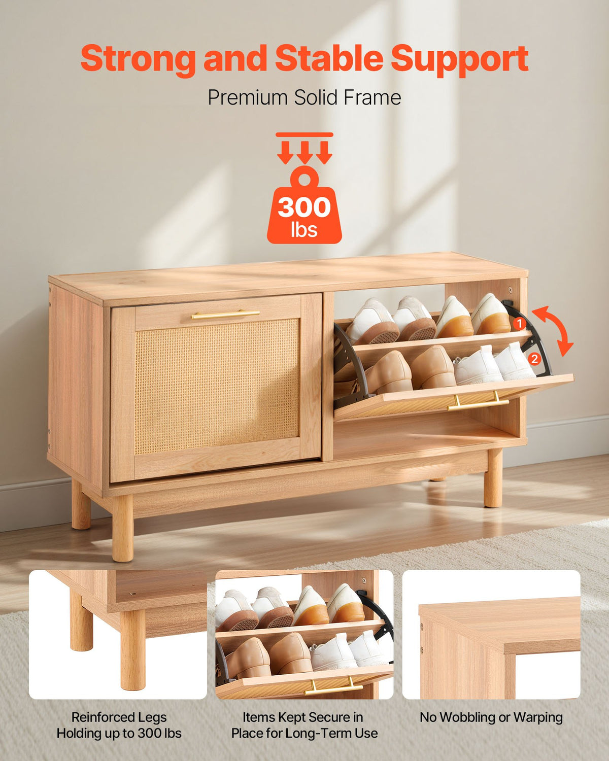 Entryway Shoe Bench, 1000 x 300 x 530 mm Rattan-Like Shoes Bench with 2 Flip Drawers, 300lbs Shoe Storage Rack with 4 Compartments and 2 Rattan Doors, for Hallway, Living Room, Bedroom