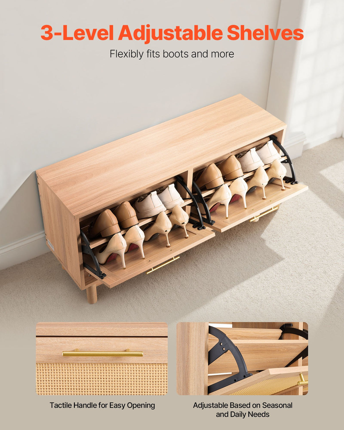 Entryway Shoe Bench, 1000 x 300 x 530 mm Rattan-Like Shoes Bench with 2 Flip Drawers, 300lbs Shoe Storage Rack with 4 Compartments and 2 Rattan Doors, for Hallway, Living Room, Bedroom