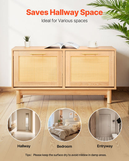 Entryway Shoe Bench, 1000 x 300 x 530 mm Rattan-Like Shoes Bench with 2 Flip Drawers, 300lbs Shoe Storage Rack with 4 Compartments and 2 Rattan Doors, for Hallway, Living Room, Bedroom