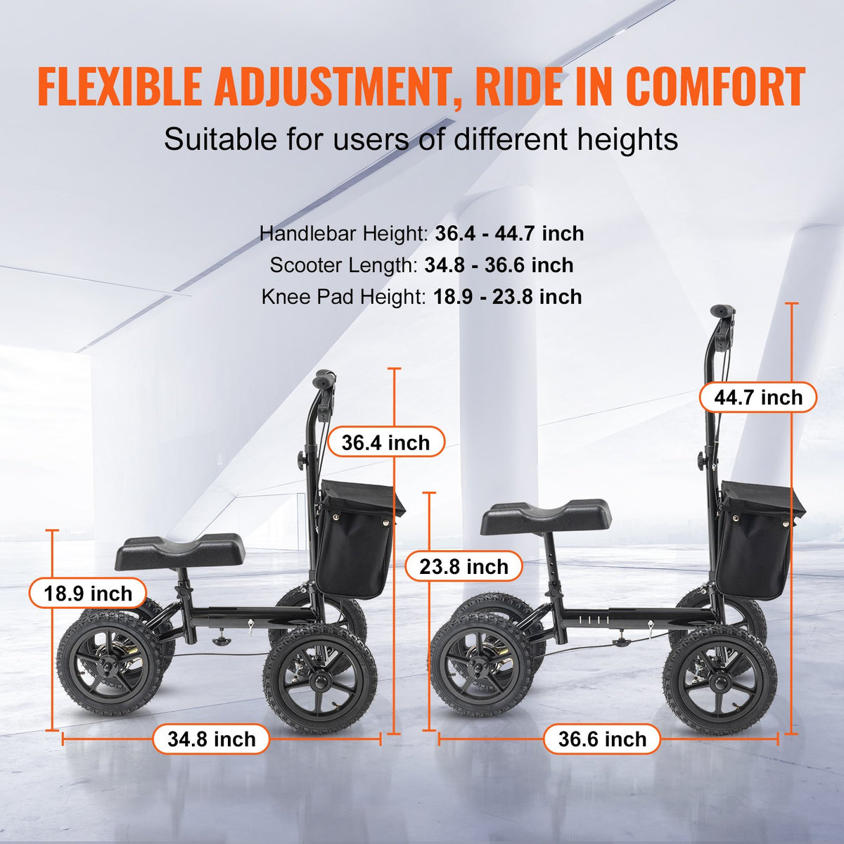 Hopfällbar knäscooter, styrbar knälöpare i aluminium med höjdjusterbart styre och knäskydd, 12" (30,5 cm) terränghjul, dubbla bromsar, benåterställningsscooter för fotbrott, 350 lbs/158,8 kg