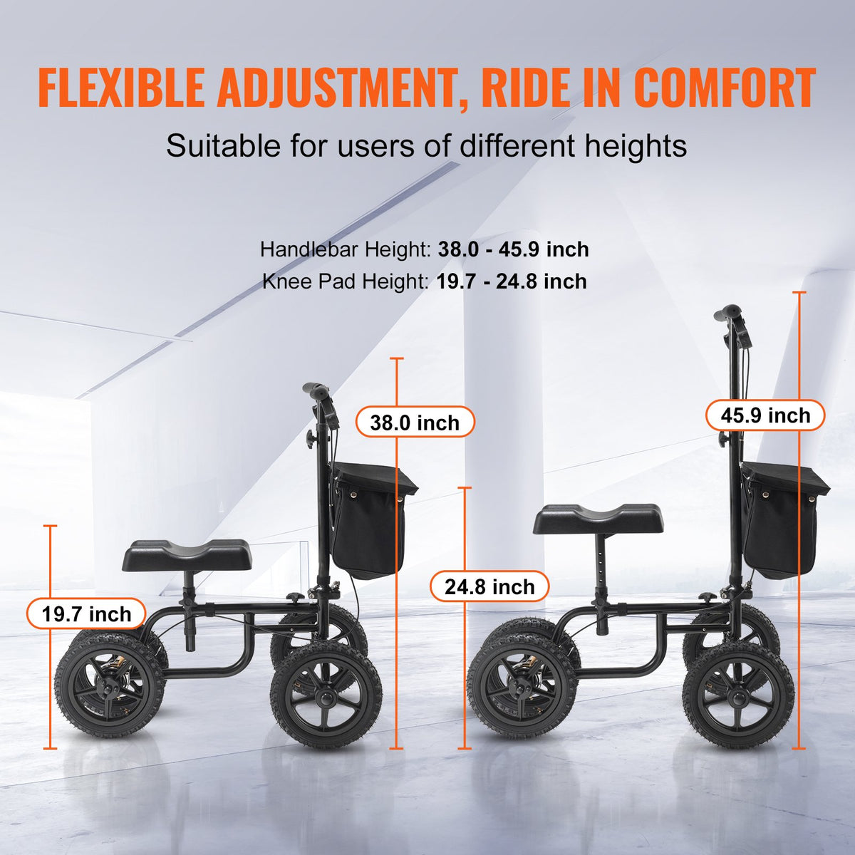 Folding Knee Scooter, Carbon Steel Steerable Knee Walker with Height-Adjustable Handlebar & Knee Pad, 12" (30.5 cm) All-Terrain Wheel, Dual Brakes, Leg Recovery Scooter for Injured Ankle Foot Knee, 350LBS/158.8 kg